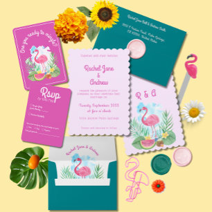 Invitation Flamant rose d'aquarelle tropicale Pink Palm Maria