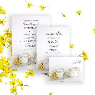 Tea Cup and Yellow Daisies Wedding RSVP Reply Card
