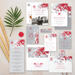 Invitation Feuille double Xi en bambou gris rouge Mariage chi