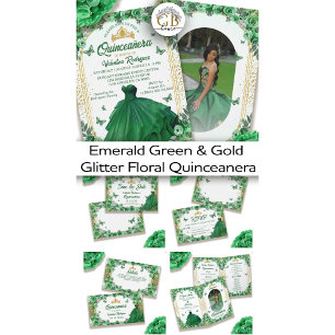 Carte D'accompagnement Emerald Green Gold Parties scintillant Floral Quin