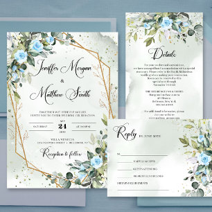 Serviette En Papier Élégant bleu clair fleurs eucalyptus or mariage