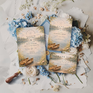 Invitation Mariage romantique en canoë au lac dans la forêt