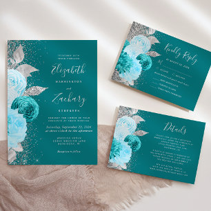 Invitation Elégant floral Turquoise Mariage Parties scintilla