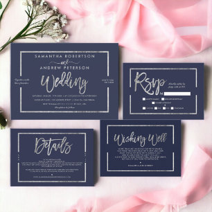 Invitation Typographie moderne argentée marine mariage chic b