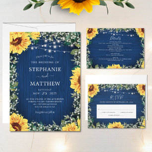 Invitation Navy Blue Sunflower Lights Rustic Wedding