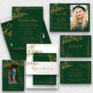Save The Date Photo Emerald Green Gold Leaf et Calligraphie