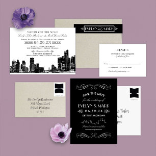 Invitation Mariage Art déco noir de Detroit Skyline