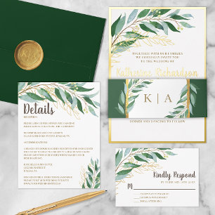 Invitation En Aluminium Élégant Mariage vert feuille d'or botanique de feu