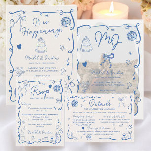 Cartons Réponse Retro tendance bleu français illustré mariage QR