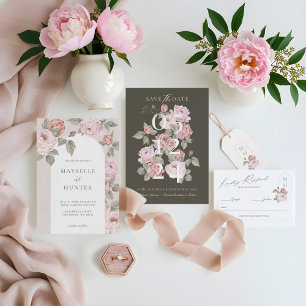 Save The Date Elégant rose Aquarelle Peony Floral Botanique