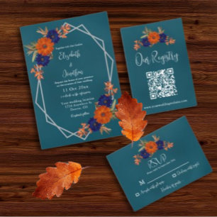 Invitation Rustique Automne Orange Navy Bleu Floral Mariage