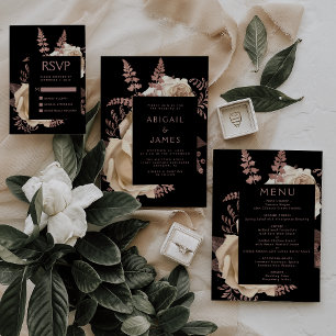 Invitation Élégant Moody Dark Floral Rose or Mariage or