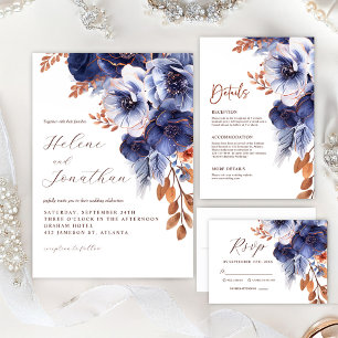 Save The Date Floral Navy Blue Terracotta Boho Elégant mariage