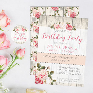 Shabby Chic Rose Rustique Bois Invitation Annivers
