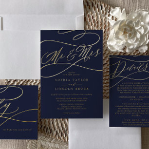 Invitation En Aluminium Huile d'or romantique   Marine Blue M & Mme Mariag
