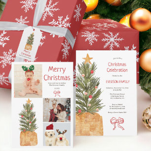 Cartes Pour Fêtes Annuelles Festif 4 photos Famille Aquarelle Arbre de Noël