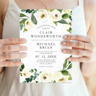 Invitation Elégante Roses Blanches Verdure Mariage Monogramme