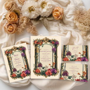 Invitation Mariage Floral Vintage Gold Purple