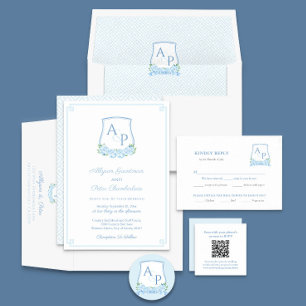 Invitation Élégant Mariage Monogram Crest Hydrangea Bleu