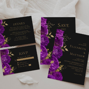 Invitation Romantique violet or foncé Mariage floral