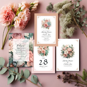 Invitation Rose Dusty, Mint Green et Blush Floral Mariage