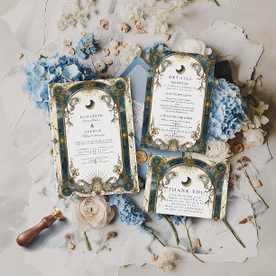Invitation Mariage Bleu Or Art Nouveau Céleste