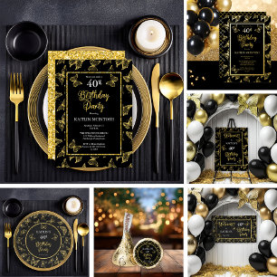 Invitation En Aluminium Élégant papillons 40e anniversaire fête Black Gold