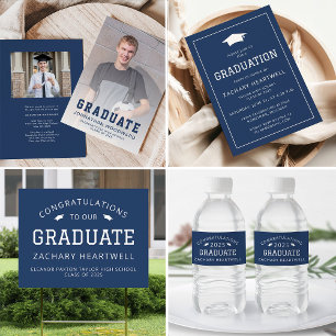 Sporty Navy Blue White Graduation Party Invitation