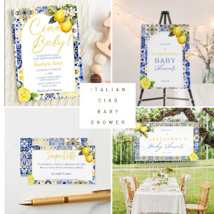 Invitation Ciao Baby Carreaux Bleus Citron Amalfi Baby shower