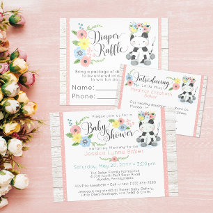 Invitation Baby shower de vache   Veau floral mignon sur bois
