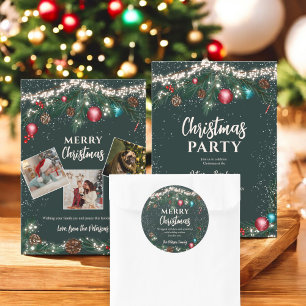 Sticker Rond Festif lumières de Noël branches de pin vert neige