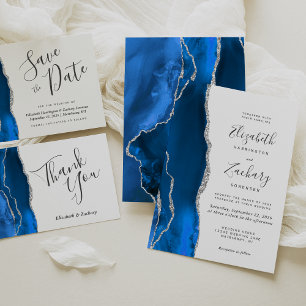 Invitation Mariage moderne Royal Blue Silver Agate