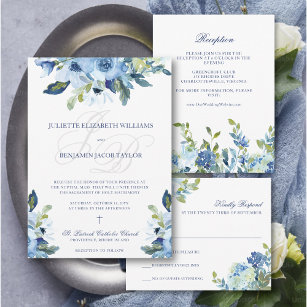 Invitation Élégant Floral Dusty Bleu Mariage chrétien