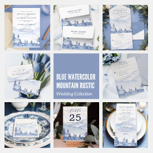 Invitation Montagne Russe Bois Aquarelle Mariage bleu