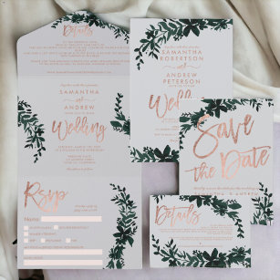 Invitation Typographie or rose Floral gris mariage