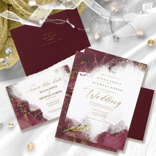 Invitation Marble Glitter Wedding Burgundy Gold ID644