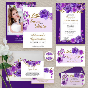Invitation Rose violet Elegant feuille or Quinceanera et mass