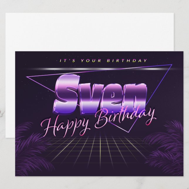 Sven prénom carte rétro lilas anniversaire (Devant / Derrière)