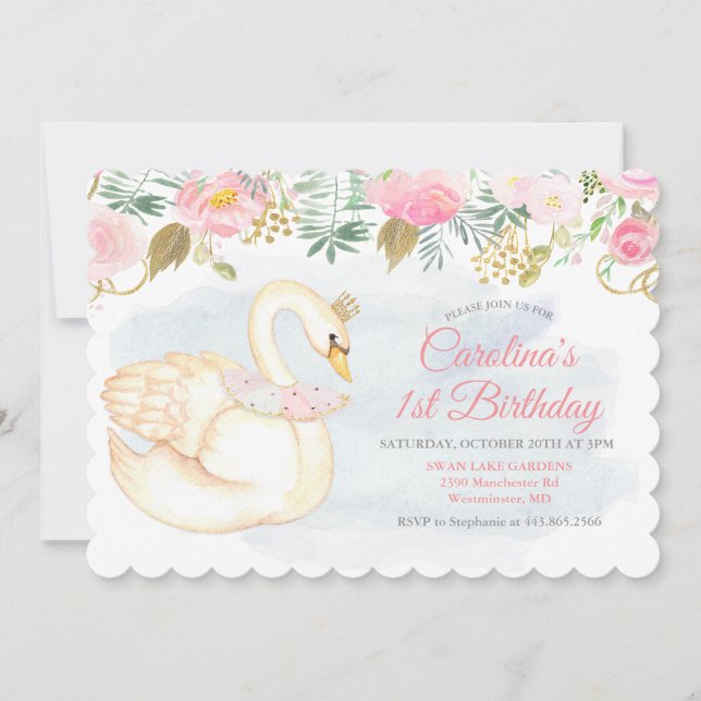 Swan Floral 1er anniversaire Invitation (Devant)