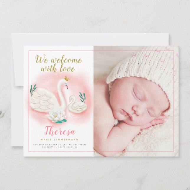 Swan Pond Gold Baby Girl Faire-part de naissance r (Devant)