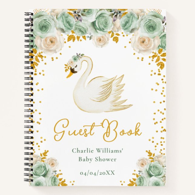 Swan Sage Green Gold Rose Baby shower Livre d'or (Devant)