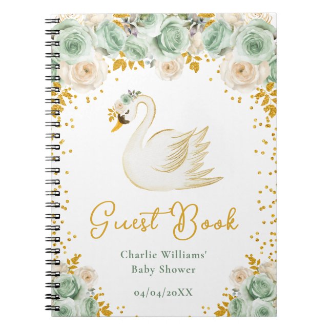 Swan Sage Green Gold Rose Baby shower Livre d'or (Devant)