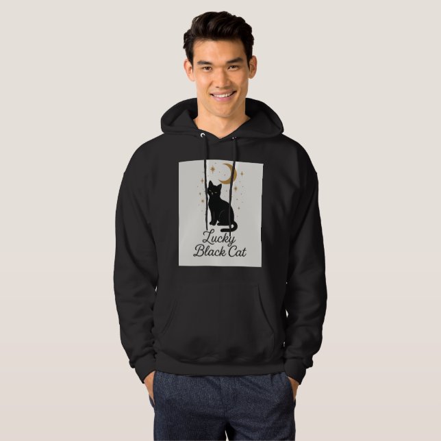 Sweat à capuche chat noir chanceux | Design lune m (Devant entier)