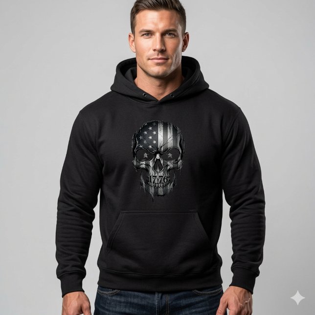 Sweat à capuche crâne drapeau américain 1776 | USA (Honor the Republic in style with this 1776 Distressed American Flag Skull Hoodie. 250 Years Strong!)