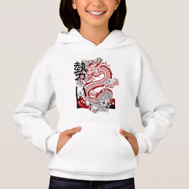 Sweat à capuche Filles Dragon Rouge Art Japonais C (Devant)
