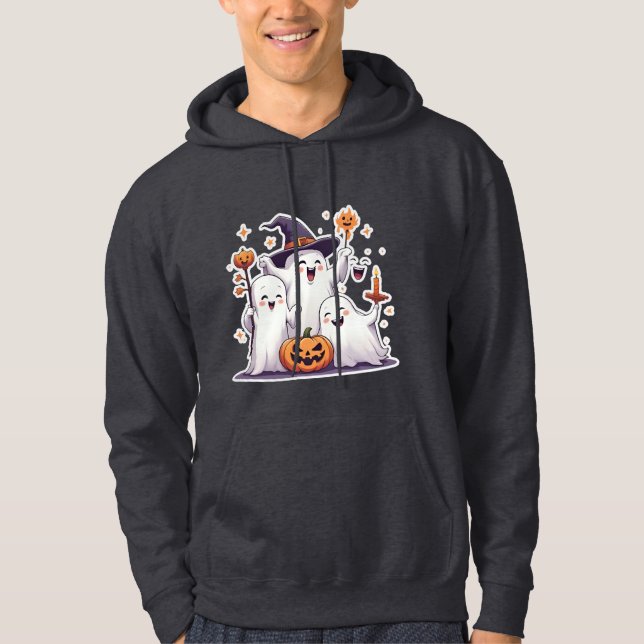 Sweat à capuche Halloween Kawaii Ghosts - Gris (Devant)