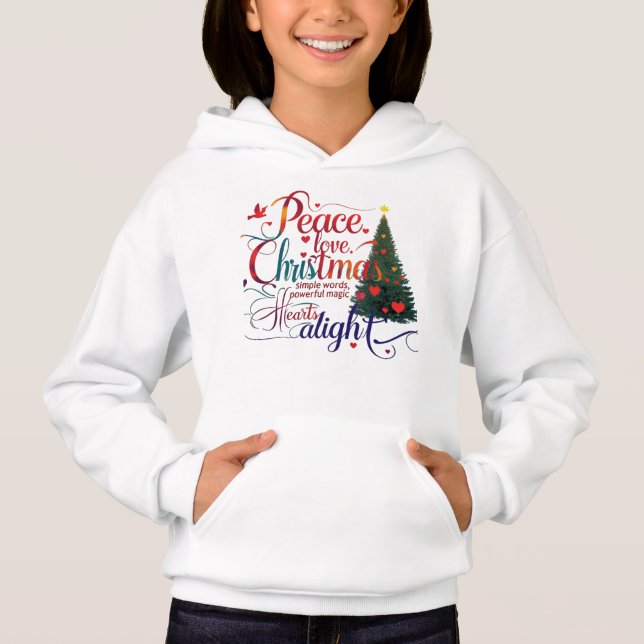 Sweat à capuche pour enfants Peace Love Noël  (Devant)