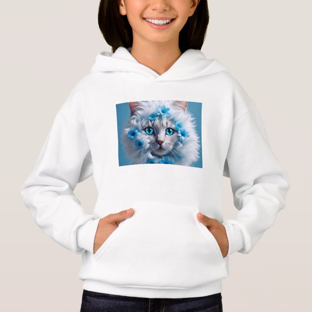 Sweat - shirt à capuche blanc avec belle chatte bl (Devant)