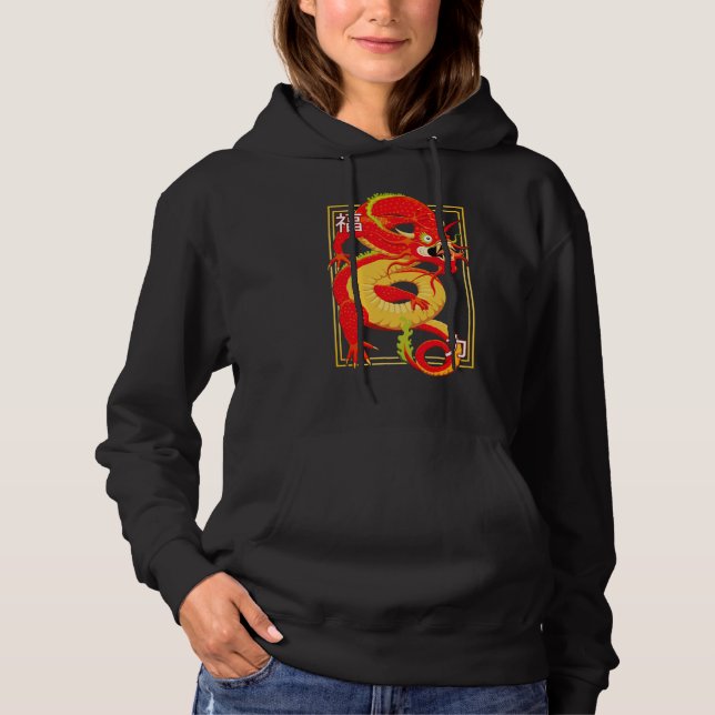 Sweat - shirt à capuche de dragon chinois rouge (Devant)