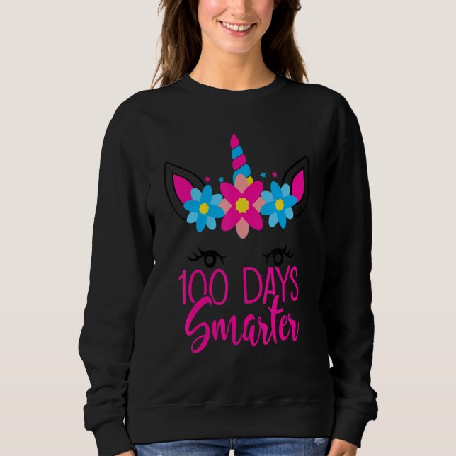 Sweatshirt 100 Days Smarter Cute Unicorn Face Teacher Student (Devant)